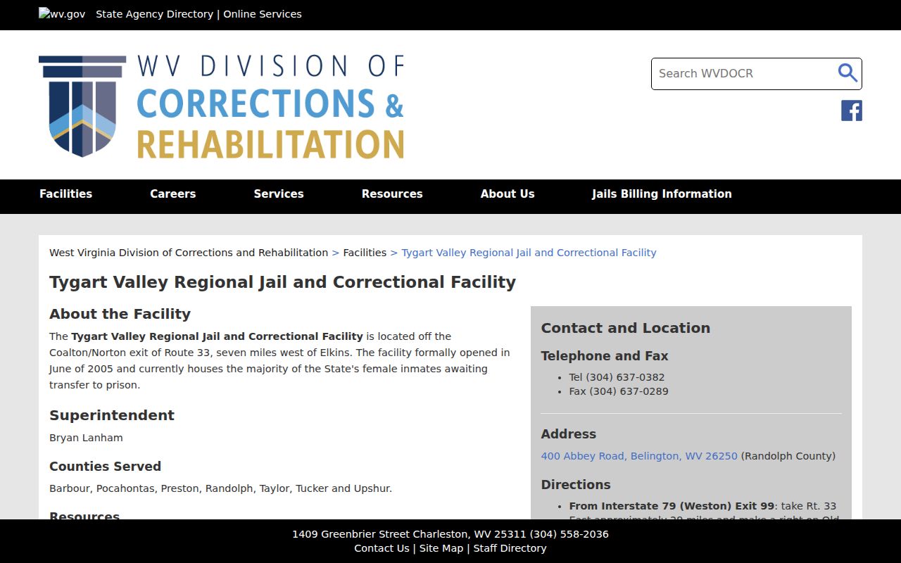 Tygart Valley Regional Jail information for Randolph County arrest bookings