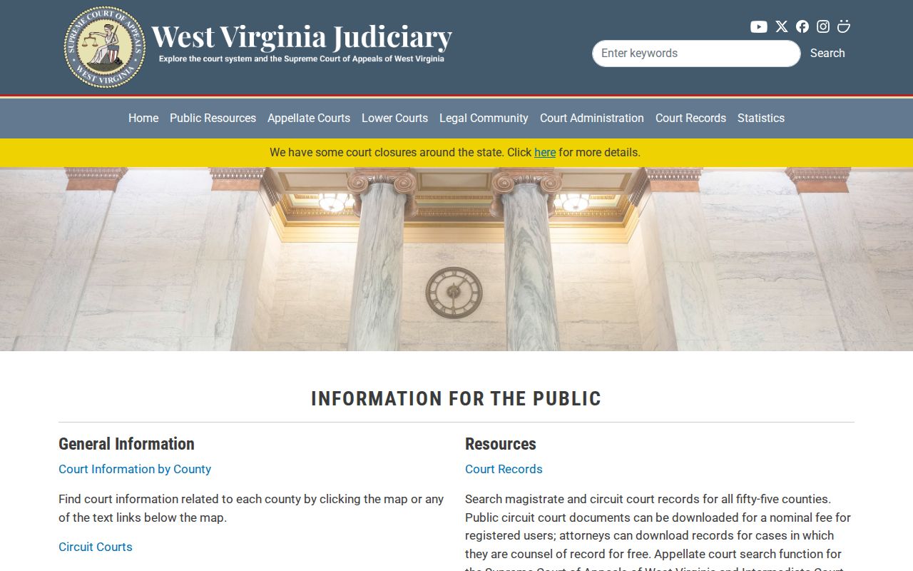 West Virginia judiciary public information page for court record access