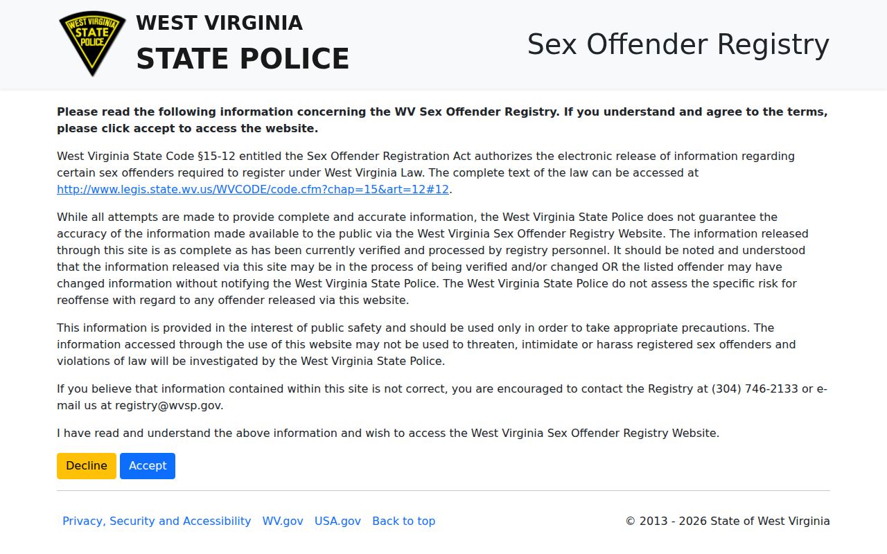 Official West Virginia Sex Offender Registry search interface